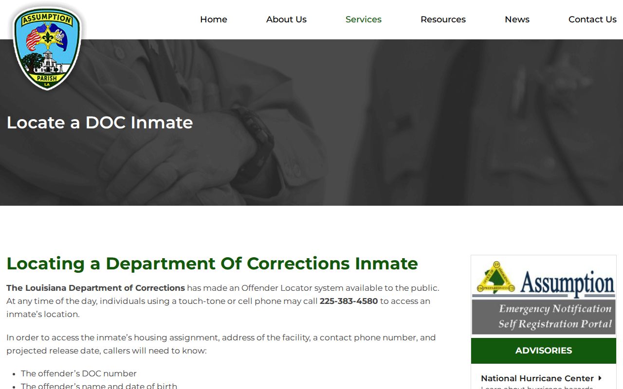 Assumption Parish projected release date phone locator instructions