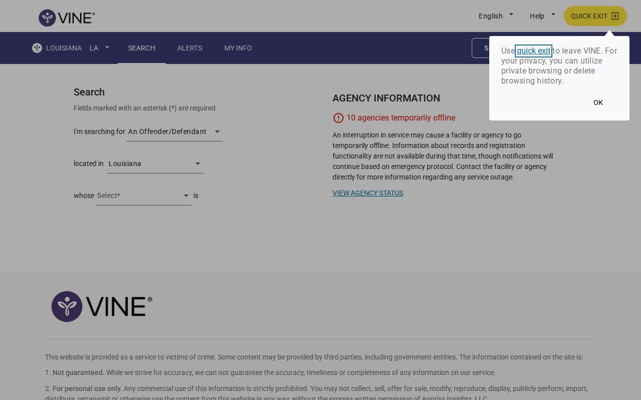 Louisiana VINELink person search for an Assumption Parish custody or release check