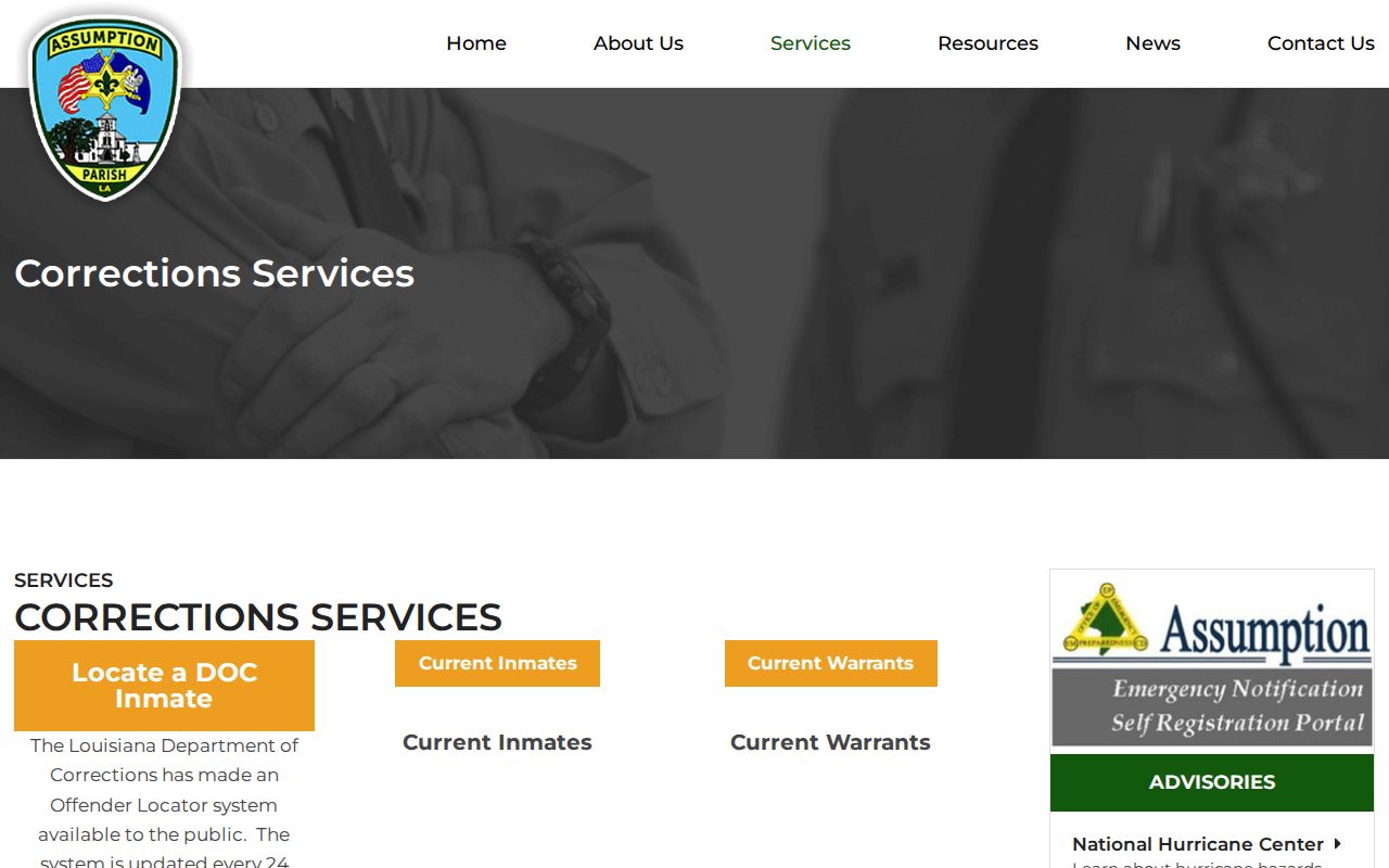 Assumption Parish corrections page distinguishing current inmates from release records